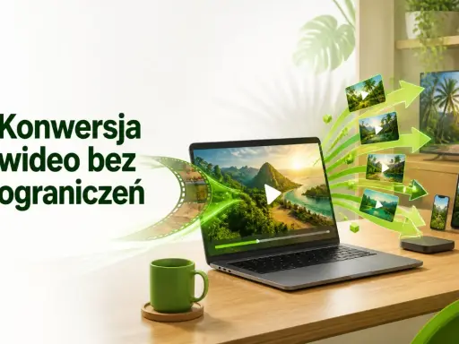 Konwersja wideo bez ograniczeń. Laptop, telewizor i smartfon pokazują ten sam film, sugerując łatwy sposób, jak zmienić format filmu.