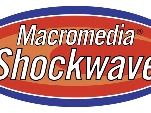 Logo Macromedia Shockwave, dawniej popularne w odtwarzaniu animacji i gier, teraz jako część historii Adobe.