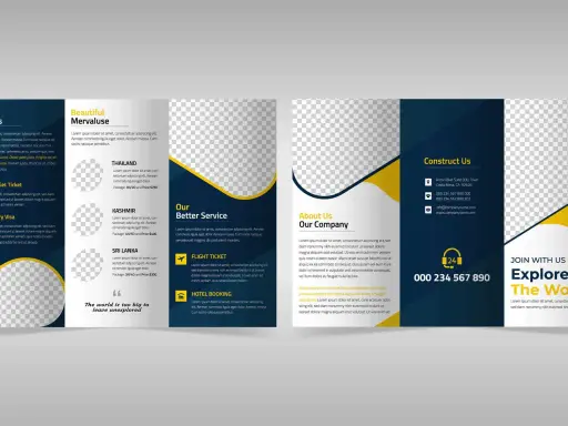 Projekt ulotki turystycznej z ofertami podróży, informacjami o firmie i danymi kontaktowymi.
