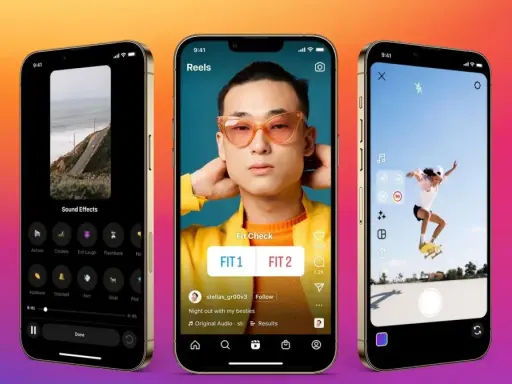 Trzy telefony pokazują interfejs Instagram Reels. Dowiedz się, jak udostępnić rolkę z Instagrama na Facebooku.