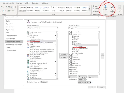 Jak włączyć mikrofon w Wordzie? W menu "Opcje programu Word" wybierz "Dostosowywanie Wstążki", a następnie w sekcji "Głos" zaznacz "Dyktafon".