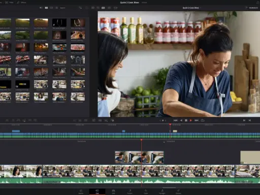Dwie kobiety gotują w kuchni. Interfejs DaVinci Resolve Studio, darmowy program do tworzenia filmów, pokazuje klipy wideo i oś czasu.