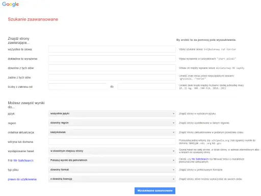 Formularz wyszukiwania zaawansowanego Google pozwala precyzyjnie określić kryteria wyszukiwania, np. wpisując frazę "trójkolorowy rat terrier".
