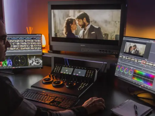 Operator pracuje przy zaawansowanym programie do obróbki filmów, dostosowując kolory i montując scenę z parą.