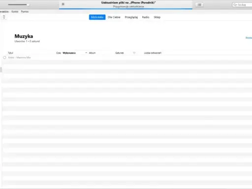 Jak zgrać muzykę na komputer? Widok biblioteki iTunes z opcją "Muzyka" i listą utworów, gotowy do synchronizacji.