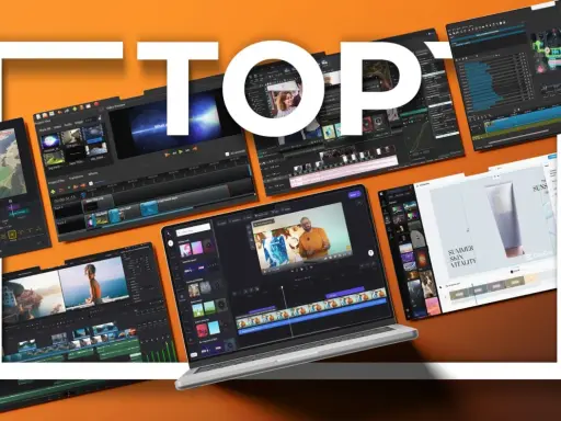 Najlepsze oprogramowanie do edycji wideo, w tym darmowy program do obróbki filmów, prezentowane na ekranach laptopów i tabletów.
