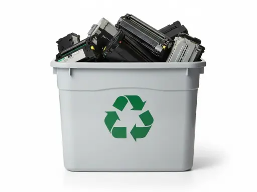 Pojemnik z zielonym symbolem recyklingu wypełniony po brzegi zużytymi tonerami.