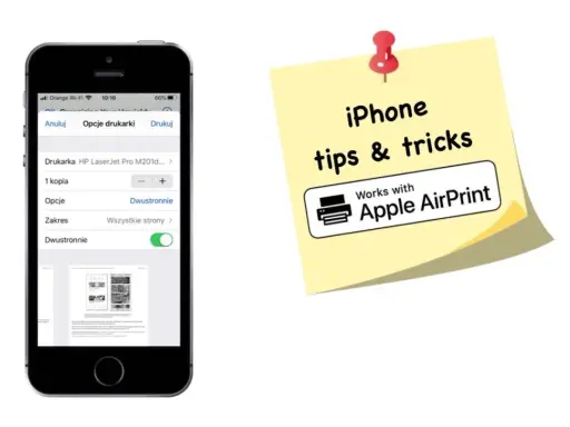 Jak drukowac z iPhone? Ekran telefonu pokazuje opcje drukowania, a obok żółta karteczka z napisem "iPhone tips & tricks" i logo Apple AirPrint.