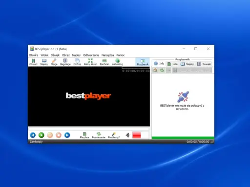 BESTplayer, darmowy odtwarzacz muzyki, wyświetla logo. Program informuje o braku połączenia z serwerem.