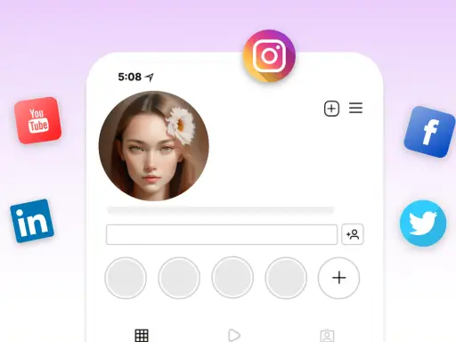 Profilowe na grupę: portret dziewczyny z kwiatem we włosach na tle ikon mediów społecznościowych (Instagram, YouTube, LinkedIn, Facebook, Twitter).