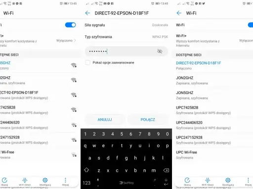 Problem z połączeniem drukarki HP z Wi-Fi. Widok ekranu telefonu z listą dostępnych sieci Wi-Fi i próbą połączenia z siecią drukarki.