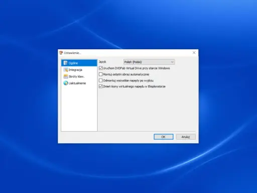 Ustawienia programu DVD Fab Virtual Drive: uruchamianie przy starcie Windows, zmiana ikon w Eksploratorze.