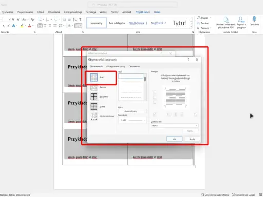 Szablon wizytówki Word w programie Microsoft Word, okno dialogowe "Właściwości tabeli" z opcjami obramowania.