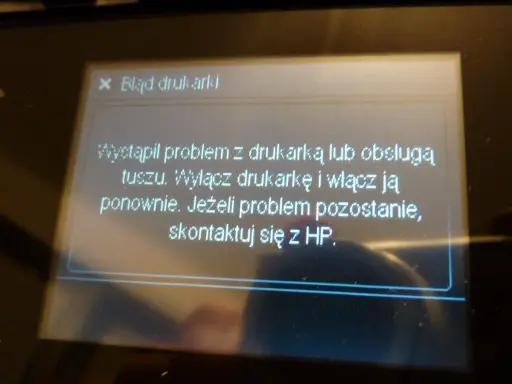 Komunikat o błędzie drukarki HP: problem z tuszem. Wyłącz i włącz urządzenie. Jeśli problem nie ustąpi, skontaktuj się z HP.