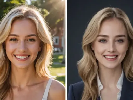 Dwie grafiki na profilowe: uśmiechnięta blondynka w letniej stylizacji i w eleganckim garniturze.