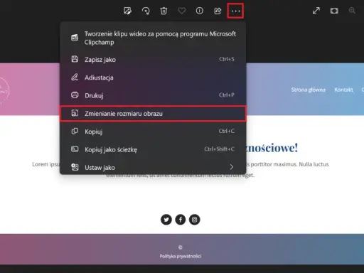 Menu kontekstowe z opcją "Zmienianie rozmiaru obrazu" na tle strony hotelu.