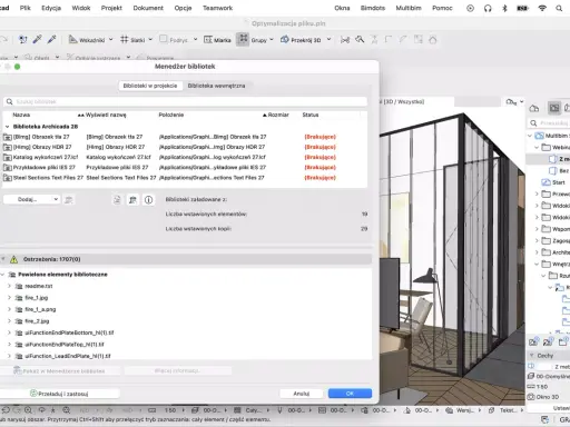 Menedżer bibliotek w Archicadzie pokazuje brakujące pliki, w tym obrazy i tekstury, które są potrzebne do projektu.