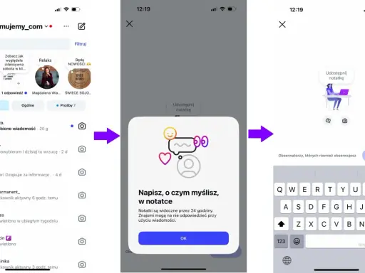 Jak włączyć notatki na Instagramie? Kliknij "Co nowego?", a następnie "Udostępnij notatkę". Wpisz swoją myśl i kliknij "OK".