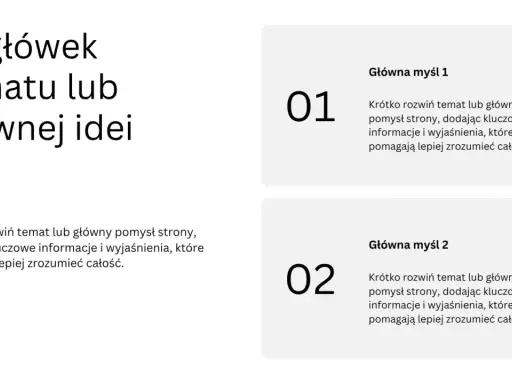 Szablon prezentacji, który pokazuje, jak zrobić plakat w PowerPoint. Zawiera nagłówek i pola na główne myśli z opisami.