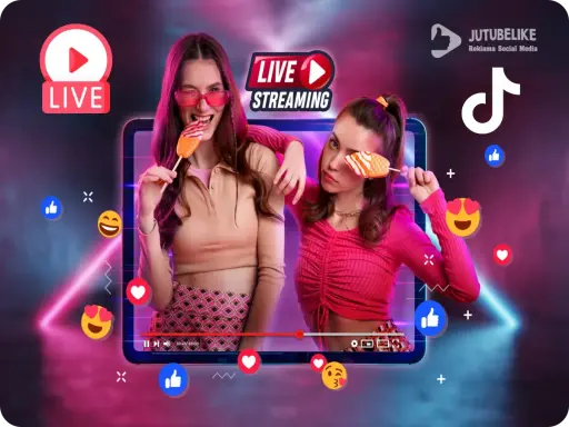 Dwie dziewczyny jedzą lizaki na tle ekranu z napisem "LIVE STREAMING". Dowiedz się, jak zrobić filmik na TikToka i zdobyć popularność!