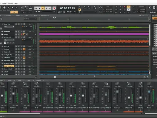 Ekran programu Cakewalk z widocznymi ścieżkami audio, mikserem i panelem efektów.