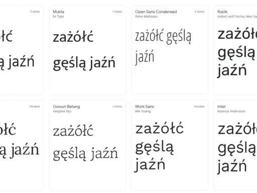 Różne fonty, w tym elegancka czcionka z polskimi znakami, prezentują tekst "zażółć gęślą jaźń".
