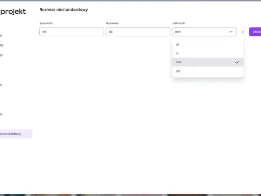 Tworzenie projektu w Canva: ustawianie niestandardowych wymiarów dla wizytówki, wybór jednostek (mm).