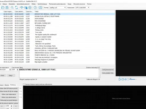 Program do edycji napisów, gdzie widać listę dialogów z podziałem na czas, tekst i długość. Widać też opcje do pracy z tekstem, np. "subedit".