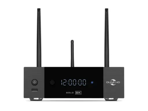 Nowoczesny cinema player Dune HD Solo 8K z trzema antenami i wyświetlaczem czasu.