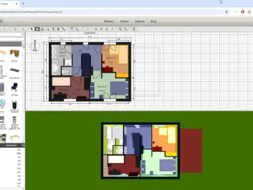 Program do projektowania domów Sweet Home 3D pokazuje plan piętra z meblami i wymiarami.