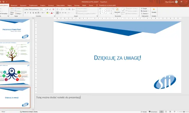 Jak odzyskać prezentacje PowerPoint? Widok edytora programu PowerPoint z kilkoma slajdami, w tym slajdem końcowym "Dziękuję za uwagę!".