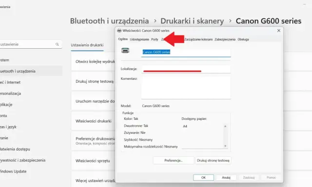 Gdzie znaleźć IP drukarki? Właściwości drukarki Canon G600 series, zakładka Ogólne.