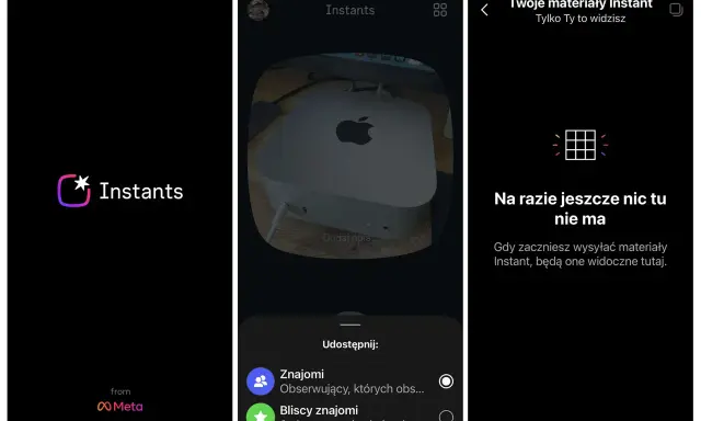 Nowa funkcja na Instagramie: Instants. Ekran powitalny, podgląd zdjęcia Maca Mini i ekran "Twoje materiały Instant" z informacją o braku treści.