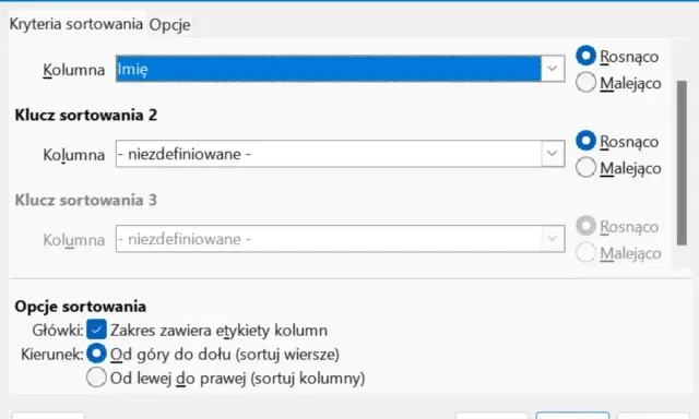 Okno dialogowe Excela do sortowania danych. Ustawienia obejmują sortowanie kolumny "Imię" alfabetycznie rosnąco.