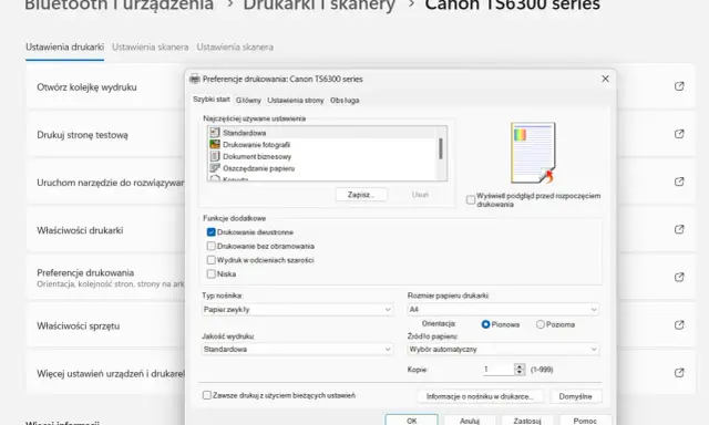 Okno dialogowe "Preferencje drukowania" dla drukarki Canon TS6300 series. Widoczny przycisk "Anuluj", który pozwala na anulowanie drukowania.