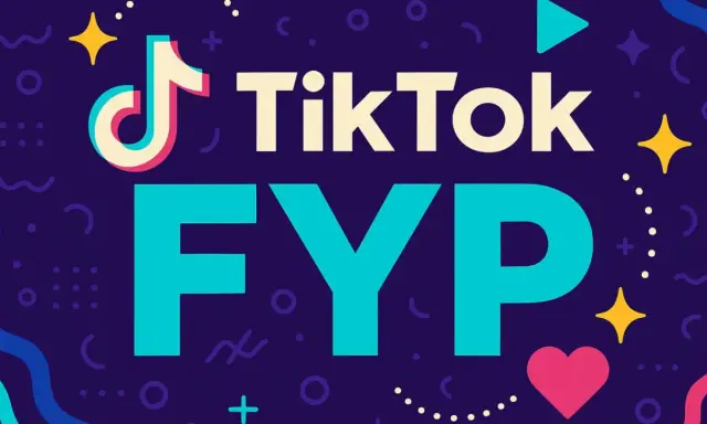 TikTok FYP - czyli "For You Page", strona z polecanymi filmami. Kolorowe grafiki i ikony.