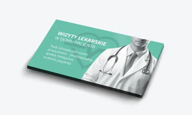 Wizytówki z hasłem "Wizyty lekarskie w domu pacjenta" i zdjęciem lekarza. Idealne do drukowania wizytówek w domu.