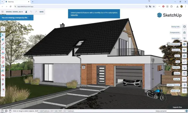 Darmowy program do wizualizacji budynków SketchUp pozwala tworzyć modele domów, jak ten z garażem i motocyklem.