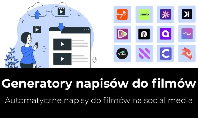 Kobieta z telefonem korzysta z generatora napisów do filmów, jak np. napiprojekt. Ikony popularnych narzędzi do edycji wideo.