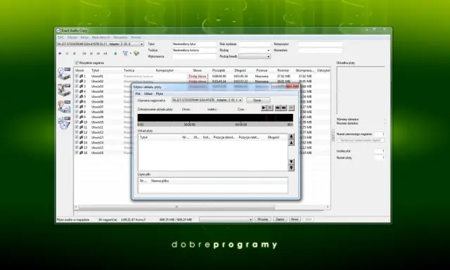 Program Exact Audio Copy z oknem edytora układu płyty, pokazujący listę utworów i ich szczegóły.