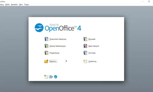 Ekran startowy programu OpenOffice. Można tu tworzyć dokumenty tekstowe, arkusze kalkulacyjne, prezentacje, rysunki, bazy danych i formuły.