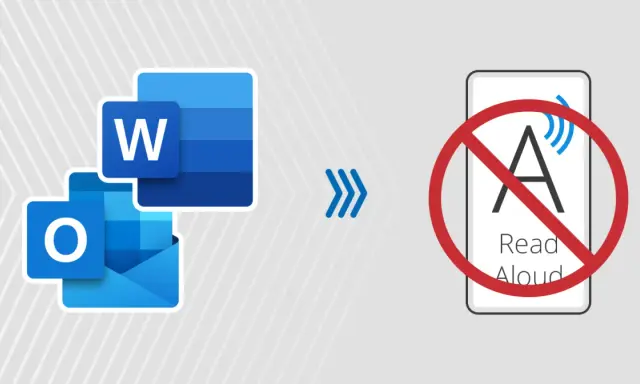 Ikony Word i Outlook, strzałki i symbol zakazu na telefonie z napisem "Read Aloud". Dowiedz się, jak wyłączyć podkreślanie błędów w Wordzie.