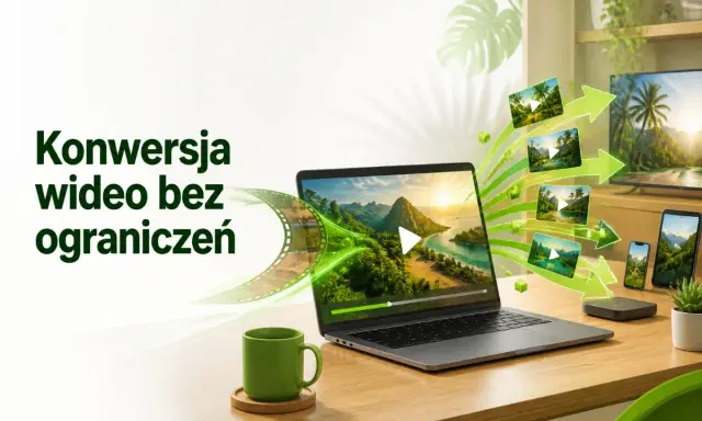 Konwersja wideo bez ograniczeń. Laptop, telewizor i smartfon pokazują ten sam film, sugerując łatwy sposób, jak zmienić format filmu.