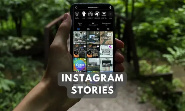 Jak zapisać relacje z Instagrama? Na ekranie telefonu widać profil z różnymi treściami, w tym kursami i grafikami.