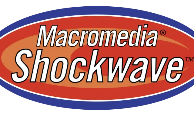 Logo Macromedia Shockwave, dawniej popularne w odtwarzaniu animacji i gier, teraz jako część historii Adobe.