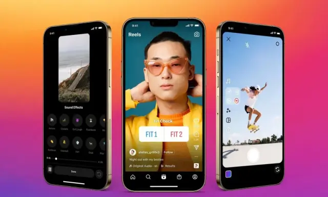 Trzy telefony pokazują interfejs Instagram Reels. Dowiedz się, jak udostępnić rolkę z Instagrama na Facebooku.