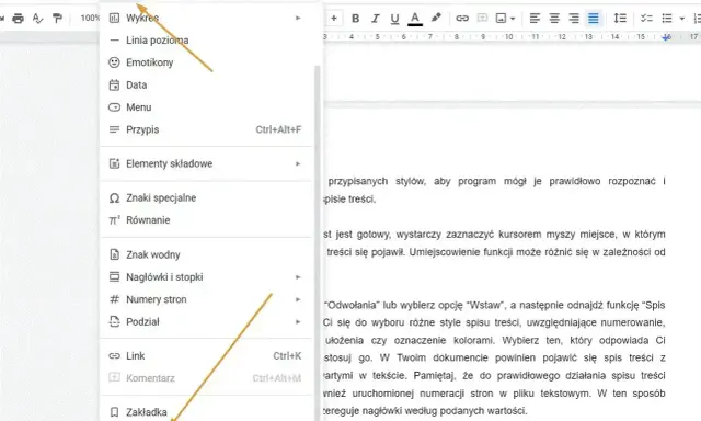 Wybieranie opcji "Wstaw" i następnie "Spis treści" w edytorze tekstu.