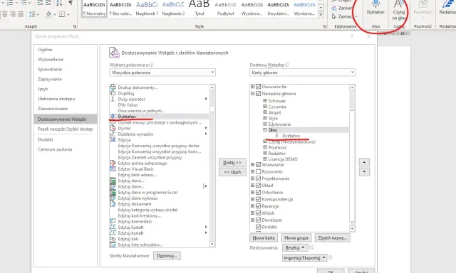 Jak włączyć mikrofon w Wordzie? W menu "Opcje programu Word" wybierz "Dostosowywanie Wstążki", a następnie w sekcji "Głos" zaznacz "Dyktafon".