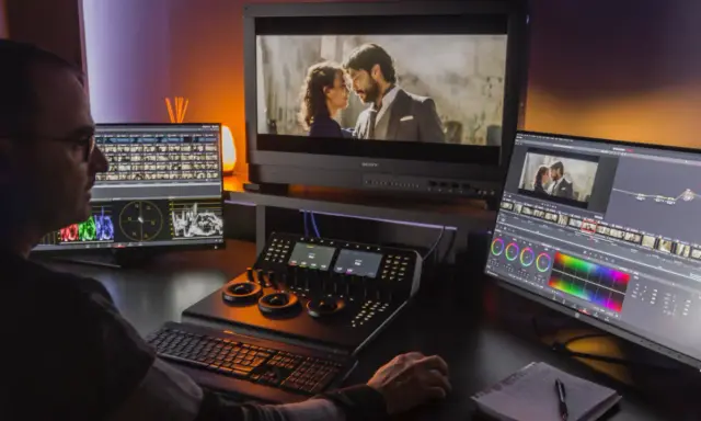 Operator pracuje przy zaawansowanym programie do obróbki filmów, dostosowując kolory i montując scenę z parą.