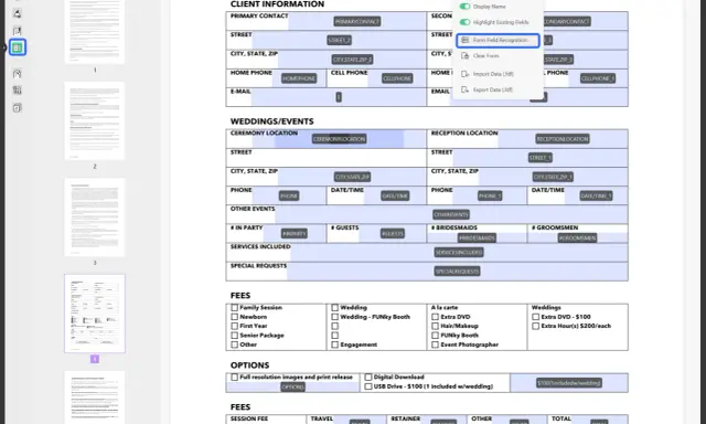 Formularz ankiety z danymi klienta, lokalizacją ślubu, opcjami i opłatami. Widoczna opcja "Form Field Recognition".